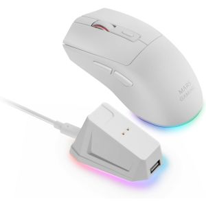 WQD-MMu2011T3, Souris sans Fil Ultralégère, Bluetooth 5.0 + 2.4GHz + Câble, Capteur Optique PIXART PAW3104PRO 14400 DPI, Base Chargement Magnétique RGB, Switchs Huano, Logiciel de Contrôle, Blanc - Neuf