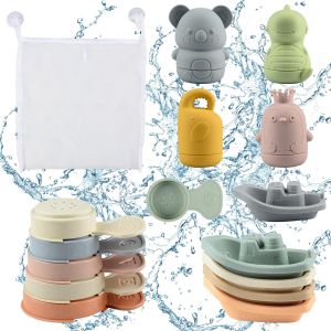 Ulteronixshop-Jouet Bain B&eacute;b&eacute;, 16 Pi&egrave;ces Jouets De Bain Jouets &Agrave; Presser Sensoriels Avec Bateaux Empilables Et Cuill&egrave;re, Jeux De Bain Jouets De Douche De B&eacute;b&eacute; Amusants Jouets Flottants Pour Bebe Enfa - Neuf