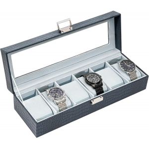 Kal-Boite À Montre Antichoc, Coffret Montre Homme Avec 6 Emplacements Coussins Montre, Rangement Montre Avec Couvercle En Verre, Pour Passionné D`Horlogerie -Bleu - Neuf