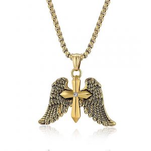 Collier Pendentif Croix Ail&eacute;e Vintage En Acier Inoxydable Pour Homme, 50 Cm, Bijou Hip-Hop Dor&eacute; - Neuf