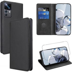 Kal-Coque Cuir Pour Xiaomi 12t Pro 5g 6.67"" Avec 1 Verre Trempé Etui À Rabat En Pu Porte-Cartes Portefeuille Support Flip Housse Magnétique Antichoc Anti-Rayures Case,Noir - Neuf