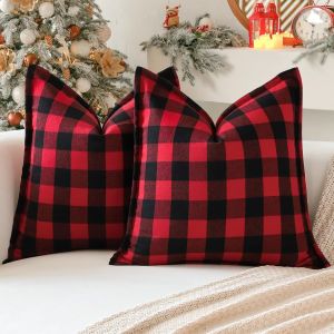 CAUC-Lot de 2 housses de coussin carr&eacute;es d&eacute;coratives de No&euml;l en lin avec bords cousus pour canap&eacute;, lit, salon, 60 x 60 cm (rouge et noir) - Neuf
