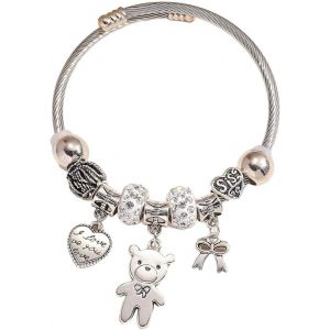 Bracelet Rigide Nounours C&acirc;ble &Eacute;l&eacute;gant Alliage Zinc N?ud C?ur Pendentif Bijoux Perles Breloques Femmes Amies Accessoires Cadeaux - Neuf