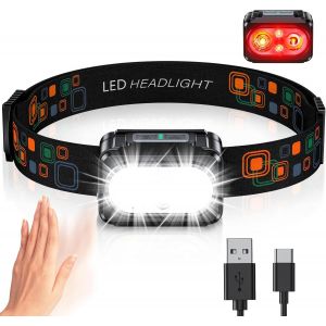 Jexnovashop-Lampe Frontale Led Ultra Puissante, Lampe Frontale Rechargeable Avec Lumi&egrave;re Rouge & Capteur De Mouvement, 5 Modes D'&eacute;clairage, Super L&eacute;ger, Ipx4 &Eacute;tanche, 26h D'autonomie Pour Camp/Cyclis - Neuf