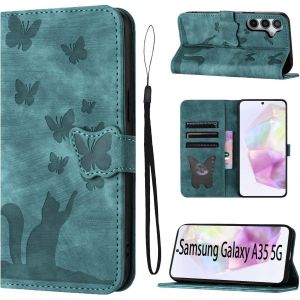 Kal-Housse Protection Pour Samsung Galaxy A35 Matériau En Cuir Pu Coque Samsung A35 5g Avec Fentes Pour Cartes Étui Motif Papillon Chat Coque Samsung A35 Vert - Neuf