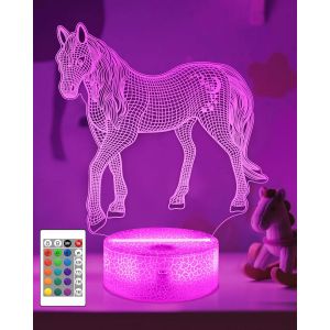 Lampe Illusion Cheval 3d, Veilleuse Cheval Avec T&eacute;l&eacute;commande + Minuterie 16 Lampes De Bureau &Agrave; Changement De Couleur Enfants Animal Room Decor Meilleurs Pour Gar&ccedil;ons Hommes - Neuf