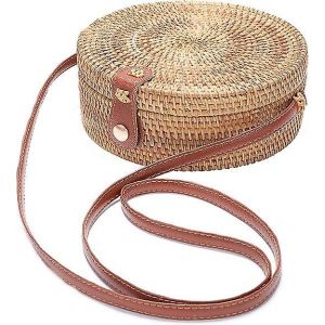 Sac rond en rotin tissé à la main avec bandoulière en cuir et bandoulière en cuir naturel chic - Neuf