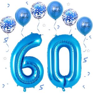 Ballon Anniversaire 60 Ans Bleu,101 CM Chiffre 60,Happy Birthday Decoration 60 Anniversaire,Décoration Numéro-Vole à l'Hélium - Neuf