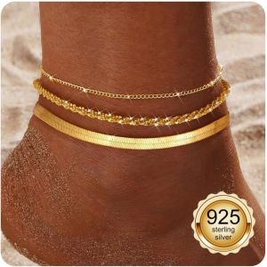Kalanka-Bracelets De Cheville Pour Femme En Argent Sterling 925 Bracelets De Cheville Tendance Délicats Empilable Bracelet De Cheville Ajustable Corde Chaîne Perlée Pied Bijoux De Plage Pour Femme - Neuf