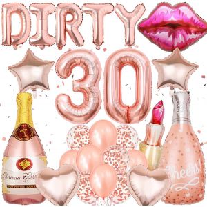 SJZG-Lot De 27 D&eacute;corations D'Anniversaire Pour Femme - En Or Rose - Banni&egrave;re De Ballons Dirty Thirty - En Aluminium - Rouge &Agrave; L&egrave;vres - Ballons &Agrave; L&egrave;vres Xxl - Champagne - &Eacute;toiles Et Ballons En Forme - Neuf
