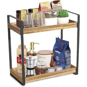 Organiseur De Bar À Café En Bois À 2 Niveaux - Étagère De Rangement En Bois Naturel - Idéale Pour Ranger Les Épices De Cuisine,Les Articles De Toilette Et Les Accessoires De Café Pour Les Plans De - Neuf