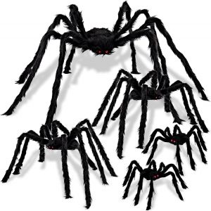 CAUC-Set d'araign&eacute;es poilues r&eacute;alistes pour Halloween (5 packs), accessoires d'araign&eacute;es effrayantes, avec diff&eacute;rentes tailles pour les d&eacute;corations d'int&eacute;rieur et d'ext&eacute;rieur (88cm, 76cmX2, 60cm X2). - Neuf
