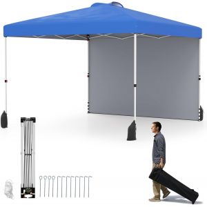 Ulteronixshop-Tonnelle Pliante 3 X 3 M Avec Paroi Lat&eacute;rale Et 4 Sacs De Sable, Tente De R&eacute;ception Avec Sac &Agrave; Roulettes, 8 Sardines, 4 Ancrages Et 4 Cordes &Agrave; Vent, Protection Uv 50+, Ext&eacute;rieur, Bleu - Neuf