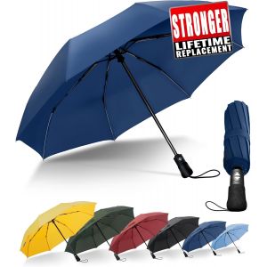 Parapluie Pliant Compact - Parapluie Homme Automatique Resistant Vent, Parapluies Bleu Fonc&eacute; De Voyage Portables, Rev&ecirc;tement En Tissu 210t, Port&eacute;e 97 Cm, 8 Sections - Neuf