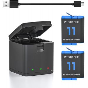 Batterie Chargeur pour GoPro Hero 12/11/10/9/ Creator Edition,2 Packs 1800mAh Batteries avec 3 Slots de Charge Compatibles avec GoPro Hero 12/11/10/9 (1 Chargeur + 2 Batteries) - Neuf