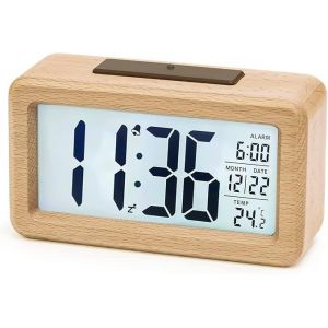 Réveil numérique en bois, réveil LCD, horloge numérique sans tic-tac, affichage de la date, de la température, fonction snooze, horloge numérique alimentée par piles [Nécessite 3 piles AAA] - Neuf