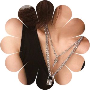 Kal-Collier Pendentif Clé Punk Collier Cadenas Or Collier Ras Du Cou Superposé Collier Cadenas D'amour Collier Chaîne Vintage Bijoux Pour Femmes Et Filles Cadeaux De Couple (Or) - Neuf