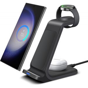 JGD-Chargeur sans Fil pour Samsung, Station de Charge 3 en 1 pour Samsung S25 S24 S23 S22 /Z Flod 6/Z Flip 6, Chargeur Induction pour Galaxy Watch Ultra/7/6/5, Galaxy Buds 3/3 Pro/2 (Noir) - Neuf