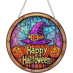 Oayew-Diy Halloween Diamond Painting Pendentif, Citrouille Pendant Broderie Diamant Kit Avec Cha&icirc;ne, Pour Jardin Maison Porte Et Fen&ecirc;tre D&eacute;coration Cadeaux 20x20 Cm(Halloween) - Neuf