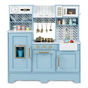 Cuisine enfant jouet en bois 84 x 30 x 90 cm avec &eacute;vier et plaques de cuisson style moderne en mdf bleu Helloshop26 20_0017584 - Neuf