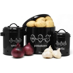 Rangement Pomme De Terre Oignon Ail Lot De 3,M&eacute;tal Boite Oignons Ail Echalotte Avec Couvercle Avec Circulation D'air &Agrave; 360&deg;- Rangement Pomme De Terre - Noire - Neuf