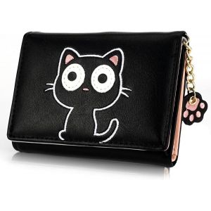 Porte Feuille Femme Chat Mignon en Noir,Trifold,Cuir PU,Petit Porte Monnaie Femme avec Fermeture &Eacute;clair D&eacute;corative On&ccedil;u pour Les Femmes, Les Adolescents, Les Gar&ccedil;ons et Les Filles - Neuf