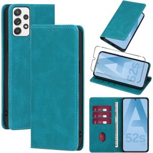 KAL-Coque Cuir Pour Samsung Galaxy A52S 5G/A52 4G/5G Avec 1 Verre Tremp&eacute; Etui &Agrave; Rabat En Pu Porte-Cartes Portefeuille Support Flip Housse Magn&eacute;tique Antichoc Anti-Rayures Case 6.5"",Bleu Clair - Neuf