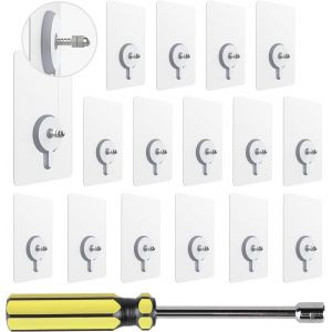 16PCS Vis Adh&eacute;sives D&eacute;tachables Transparent avec Tournevis &agrave; Douille, Clous de Suspension Auto-Adh&eacute;sifs avec Barre &agrave; Visser de 10mm, Sans Percer pour Salle de Bains Cuisine - Neuf