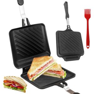 Kalanka-Poêle À Frire Double Face: Poêle À Sandwich, Machine À Pain Grillé Avec Poignées Poêle, Poignées Résistantes À La Chaleur Gaufrier Pour Petit-Déjeuner, Cuisine, Domicile(Avec Pinceau À Huile) - Neuf