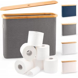 LONBET Rangement Papier Toilette pour 12 Rouleaux - Range Papier Toilette Pliable et Empilable avec Couvercle en Bambou - Organisateur de Salle de Bain &Eacute;tanche et &Eacute;l&eacute;gant - Panier Papier WC Gris - Neuf