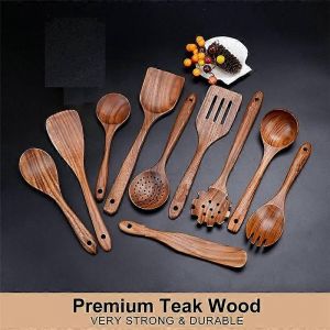 Ensemble d'ustensiles de cuisine avec cuillères en bois de teck et spatule en bois - Neuf