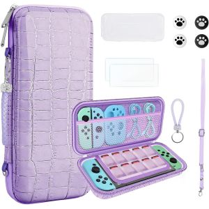 Housse de Transport pour Nintendo Switch OLED,Nouveau Crocodile Texture Pochette de &Eacute;tui avec Poign&eacute;e pour Accessoires & Switch Console,Coque de Protection Portable Rigide pour Filles (Violet) - Neuf