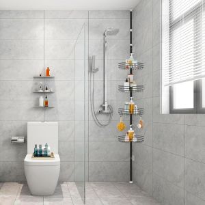 &Eacute;tag&egrave;re Douche Telescopique, Etagere Salle de Bain d'Angle Sans Per&ccedil;age pour M&eacute;tal avec 4 Paniers de Rangement Douche, R&eacute;glable en Hauteur 85-325cm, Noir - Neuf