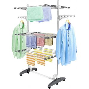 KGABERY-Séchoir À Linge Pliant À 3 Niveaux,Etendoir À Linge Intérieur En Acier Inoxydable,Sèche-Linge Etendoir Pliable Avec Ailes Réglables En Hauteur Pour Terrasse Jardin,Gris - Neuf