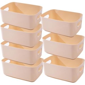 7 Beige Boite Rangement Plastique 25x18x10cm,Panier Plastique Rangement Salle De Bain,Paniers Et Boites De Rangement,Bac De Rangement Plastique Pour Cuisine,Coloré Épaissie Et Durable - Neuf