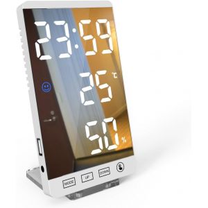 LED Miroir Réveil numérique avec 12 / 24H Affichage Température Humidité Luminosité Horloge Murale réglable pour Home Bedroom Office White - Neuf