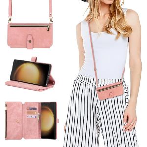 Case For Samsung Galaxy S24 Ultra With Band, Leather Phone Case Practical Cell Phone Chain Card Holder Wallet Case For Samsung S24 Ultra, Rose Gold - Neuf