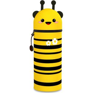 MAA-Trousse Ecole 2 en 1 en Silicone Souple Kawaii - Porte-Plume, Fermeture Eclair en Silicone, Pochette de Stylo, Étui pour Fournitures Scolaires de Grande capacité (Biene Stifthalter) - Neuf