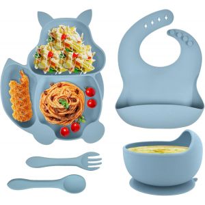 Kal-Assiette Ventouse Pour B&eacute;b&eacute; Vaisselle Silicone, Fourche Cuill&egrave;re Bavoir Et Bol, Lot De 5 Set Repas Couverts Sans Bpa Antiderapante Enfant Gar&ccedil;on Sevrage Manger Apprentissage, Blau - Neuf
