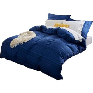 Tianyi-Ensemble De Housse De Couette En Microfibre 155 X 220 Cm, Taies D'oreiller 80 X 80 Cm X 2, Rayure Calvin Bleu Royal - Neuf