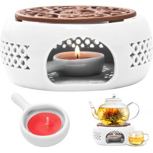 Cmws-Chauffe-Th&eacute;i&egrave;re Porcelaine, R&eacute;chaud Pour Th&eacute;i&egrave;re, Chauffe Th&eacute;i&egrave;re, Chauffe-Caf&eacute;, Chauffe-Th&eacute;i&egrave;re Avec Bougeoir, Design Creux Sculpt&eacute;, Pour Conservation De La Chaleur Caf&eacute; Th&eacute; Ou Lait (Blanc) - Neuf