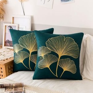 Trahoo-Lot De 2 Housse De Coussin Canap&eacute; 40x40cm Housse De Coussin Moderne Velours Ginkgo Biloba Motif Taie D'oreiller Bleu Vert Housses De Coussin Salon Housses Coussins Pour Canap&eacute; Balcon Patio - Neuf