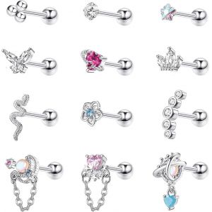 12pcs 16g Cartilage Boucles D'oreilles Femmes Acier Chirurgical Petite Clou D'oreille Plat Cz Boule Papillon Fleur Pendentif Barbell Boucles D'oreilles Tragus Helix Conch Oreille Piercing - Neuf