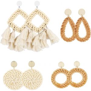 Kal-4 Paire De Boucles D'oreilles Bohèmes À Pompons 4 Styles Ensemble De Boucles D'oreilles Bohèmes En Forme De Larme Rondes En Rotin Pendantes En Paille Bohème Bijoux Tropicaux Tissés En Vrac Po - Neuf