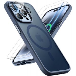Maa-Coque Pour Iphone 14 Pro Avec 2 Verre Trempé Et 1 Caméra Protecteur, Compatible Avec Mag Safe, Etui Translucide Mat Arrière Antichoc Coque Magnétique Pour Iphone 14 Pro 6.1"" Bleu Marine - Neuf
