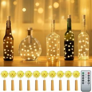 Lot de 10 guirlandes lumineuses &agrave; LED avec bouchon en li&egrave;ge, 2 m, 20 LED pour bouteille de vin, guirlande lumineuse &agrave; piles avec t&eacute;l&eacute;commande pour bouteilles, d&eacute;corations de f&ecirc;te de mariage - Neuf