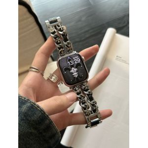 Croc¿Bracelet Chaîne En Denim À Double Rangée Adapté À L'apple Watch Iwatch 98 Génération 765-Chaîne Argent Cuir Noir-42/44/45/49 - Neuf