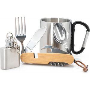 Set De Randonn&eacute;e-Tasse En Acier Inoxydable Avec Mousqueton Et Couverts De Randonn&eacute;e-Mini Flasque-Couteau De Poche Avec Fourchette,Cuill&egrave;re,Couteau Et Plus Encore - Neuf
