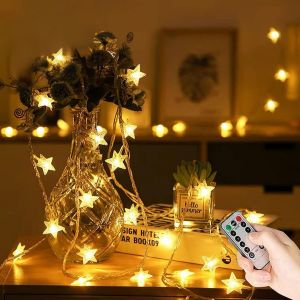 KAL-Guirlande Lumineuse Étoiles, 60 Led/7M, Alimentée Par Piles, Avec 8 Modes Contrôle À Distance, Lumières Décoration Pour Extérieur/Intérieur Pour Jardin, Chambre, Fête, Mariage, Noël (Blanc Chaud) - Neuf