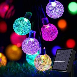 KAL-Guirlande Lumineuse Solaire D'Extérieur, 8 Modes En Forme De Boule De Cristal Pour Terrasse, Jardin, Cour, Porche, Décoration De Fête De Mariage (Coloré, 50 Led) - Neuf